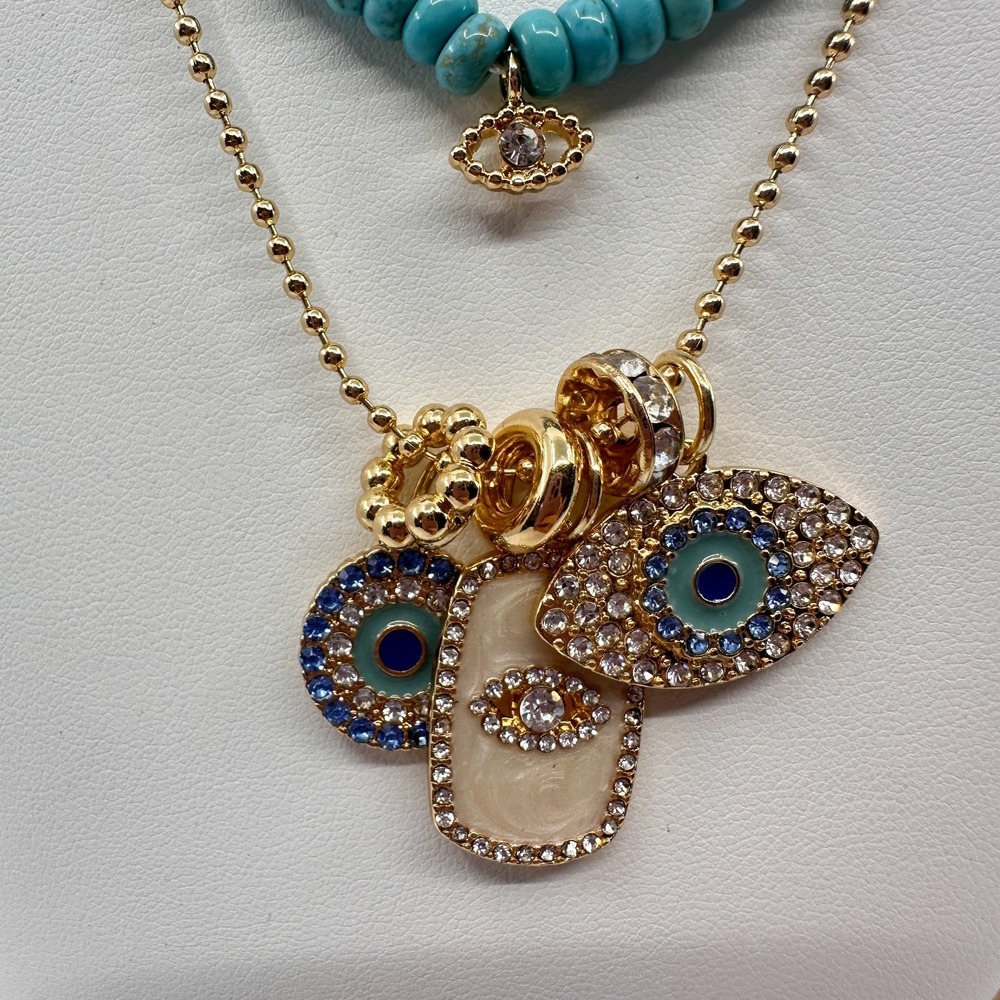 Turquoise & Gold Tone Beaded Evil Eye Layered Necklace Rhinestone Bohemian Gift - Picture 11 of 17